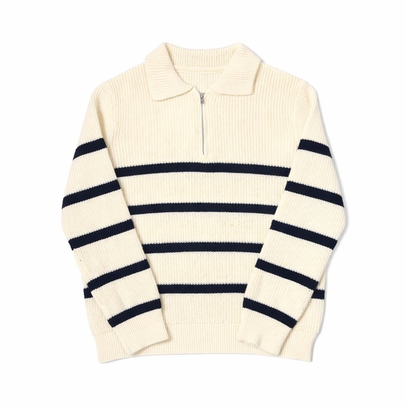 Other - Men's Cream Zip-Collar Sweater with Navy Stripes